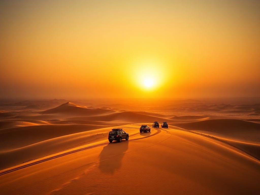 Desert safari vehicles at sunset