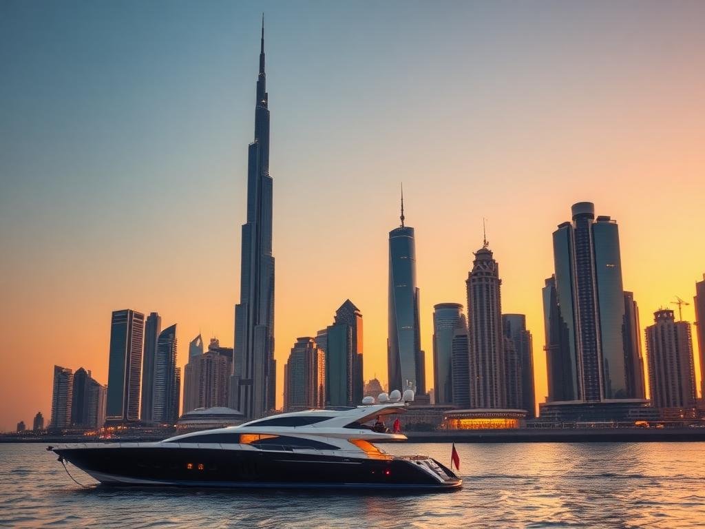 Dubai skyline with yacht at sunset