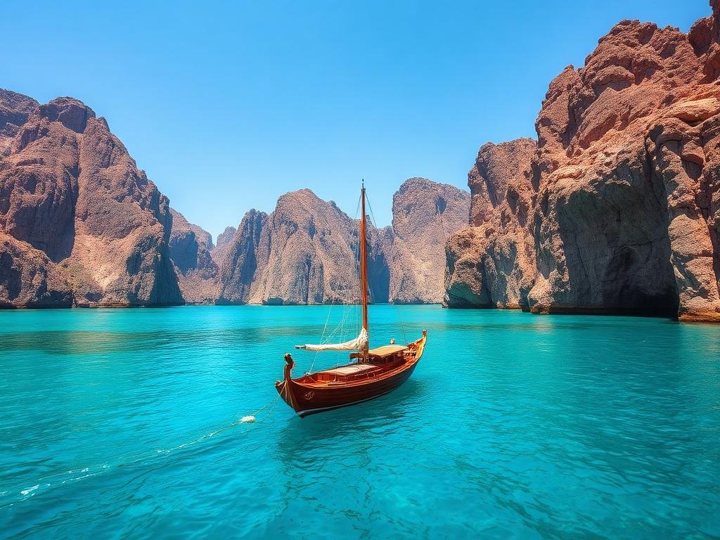 Blue water and boat in dramatic rocky fjords